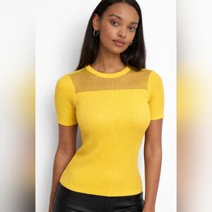 DKNY Vibrant Yellow Knit Top with Sheer Detail T-shirt Mesh-Trim Ribbed